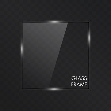 Realistic vector of rectangle empty glass frame. illuminated, transparent glass panel with reflection on dark background for your design ads. Frame made of transparent plastic.