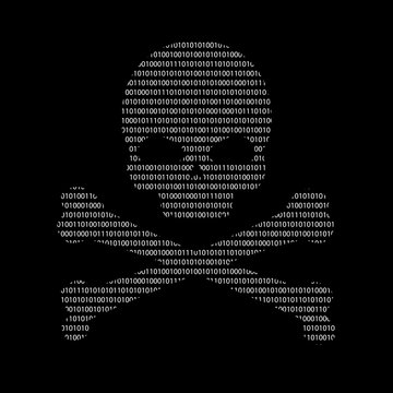 Skull and Crossed Bones binary code ASCII Art. Danger Piracy Sign of Text Characters and Numbers. Hacking, Ddos-attack, Spam, Computer Virus Concept. Vector Illustration. Computer virus danger sign.