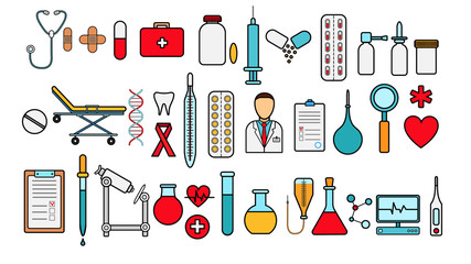 Medical pharmaceutical big set of medical items, equipment, items of icons on a white background: tablets thermometers capsules flasks medications first aid kit heart microscope. Vector illustration