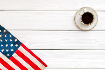 Memoral day of United States of America with flag and coffee on white wooden background top view mock up