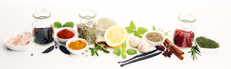 Spices and herbs on table. Food and cuisine ingredients with basil