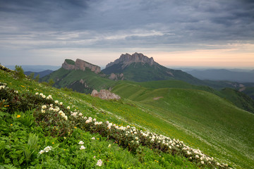 Russia, timelapse. The formation and movement of clouds over the summer slopes of Adygea Bolshoy Thach and the Caucasus Mountains