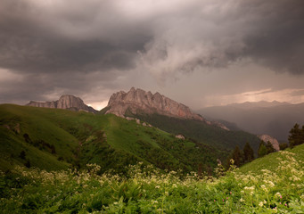 Russia, timelapse. The formation and movement of clouds over the summer slopes of Adygea Bolshoy Thach and the Caucasus Mountains