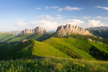 Russia, timelapse. The formation and movement of clouds over the summer slopes of Adygea Bolshoy Thach and the Caucasus Mountains