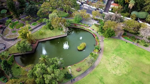 Funchal - Madeira, Portugal - Aerial View of famous Santa Catarina Park Aerial footage of Santa Catarina Park, one of the largest parks in Funchal, Madeira, Portugal