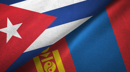 Cuba and Mongolia two flags textile cloth, fabric texture