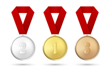 Vector 3d Realistic Gold, Silver and Bronze Award Medal Icon Set with Color Ribbons Closeup Isolated on White Background. The First, Second, Third Place, Prizes. Sport Tournament, Victory Concept