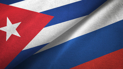 Cuba and Russia two flags textile cloth, fabric texture