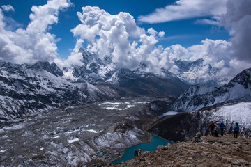 Landscape view of Gokyo village and Dudh Pokhari lake. View from Gokyo Ri. Sagarmatha (Everest) National Park, Nepal.