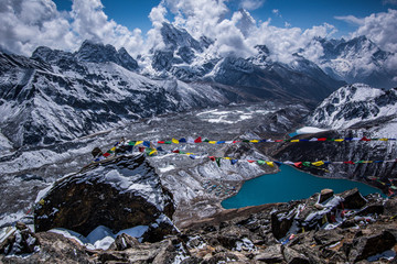 Landscape view of Gokyo village and Dudh Pokhari lake. View from Gokyo Ri. Sagarmatha (Everest)...