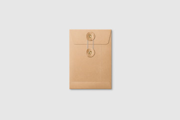 Kraft Paper A6/C6 size String and Washer Envelope Mockup on light grey background. High resolution.