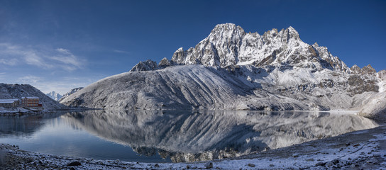 Landscape view of Gokyo village and Dudh Pokhari lake. .Sagarmatha (Everest) National Park, Nepal.