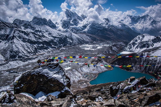 Landscape view of Gokyo village and Dudh Pokhari lake. View from Gokyo Ri. Sagarmatha (Everest) National Park, Nepal.