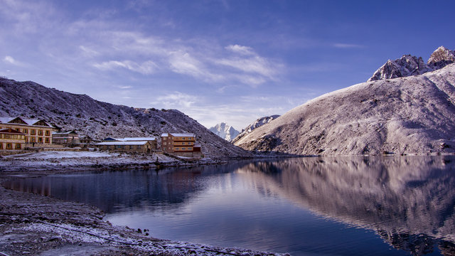 Landscape view of Gokyo village and Dudh Pokhari lake. .Sagarmatha (Everest) National Park, Nepal.