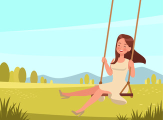 Obraz na płótnie Canvas Happy girl plays on the swing character vector design.