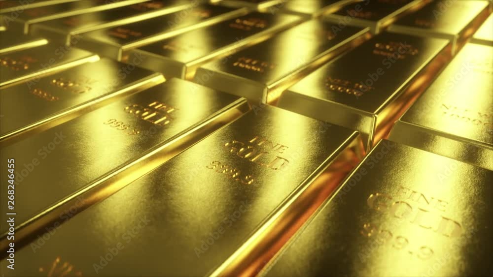 Poster seamless loop 4k animation of sliding camera view on gold bars