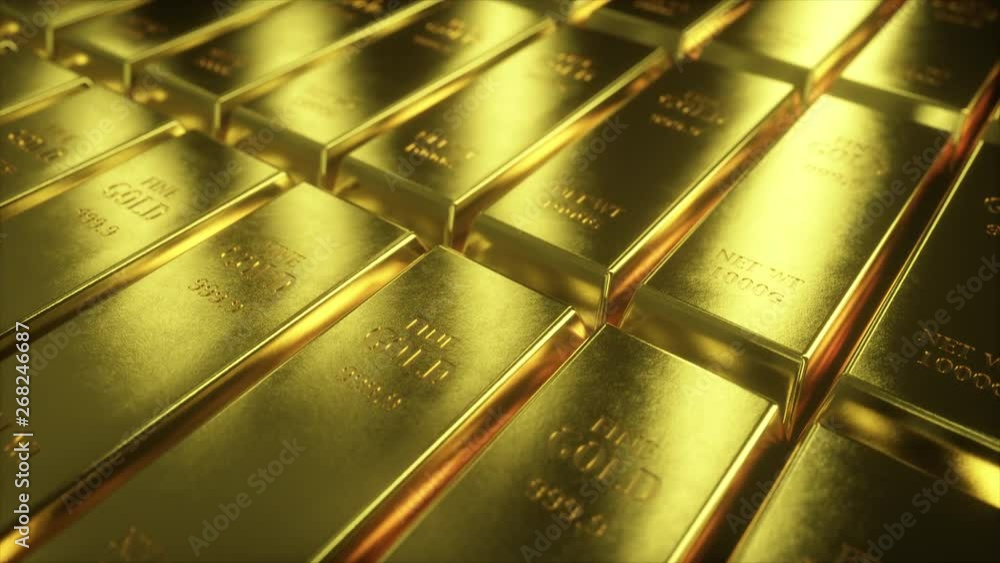 Poster Seamless loop 4k animation of sliding camera view on gold bars