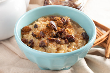 Cinnamon Raisin Oatmeal on a Burlap Cloth