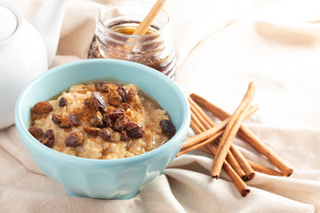 Cinnamon Raisin Oatmeal on a Burlap Cloth