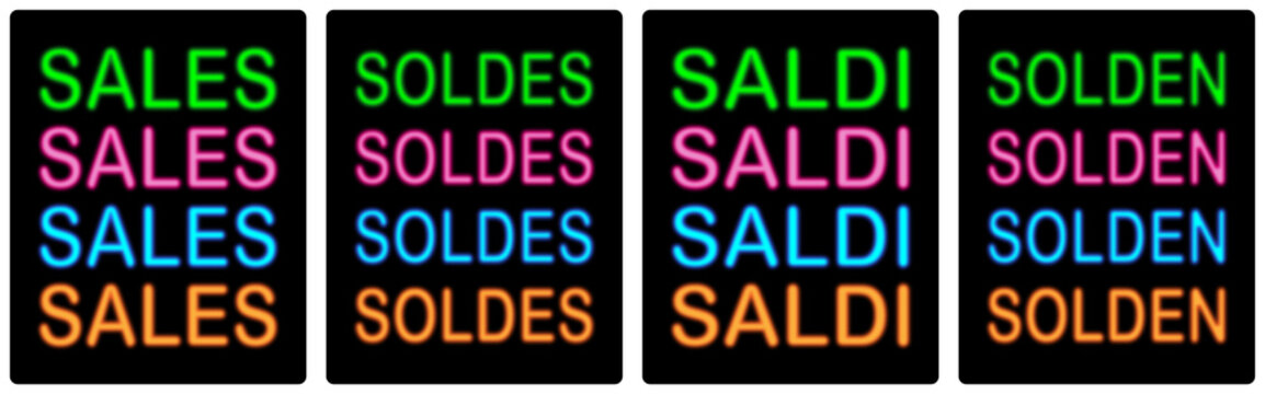 The word ‘sales’ in four languages (English, French, Italian, Dutch) and four neon bright colors (green, pink, blue, orange) on a black background with white frame. Vector, eps10