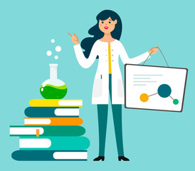 A female scientist, chemist makes a presentation or report. Vector illustration in cartoon style. Scientific activity