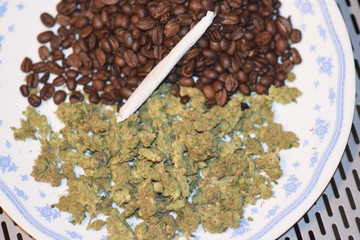Joint on Top of Coffee Beans and Bud