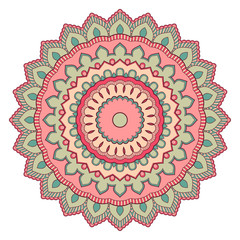 Decorative colorful ethnic mandala pattern. Design element for greeting card, banner or poster in oriental style. Hand drawn illustration
