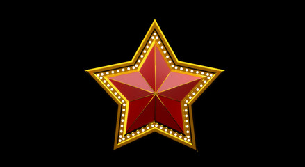 3D rendiring of gold star with lights isolated on Black background.