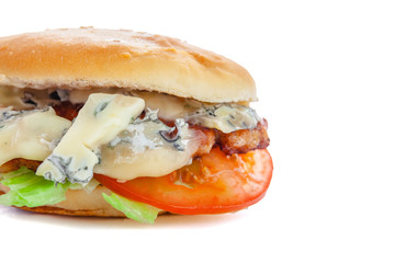juicy appetizing burger with blue cheese, isolate, close-up, copy space