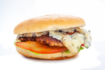 juicy appetizing burger with blue cheese and big chop, isolate, close-up