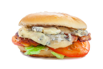 juicy appetizing burger with blue cheese and big chop, isolate, close-up