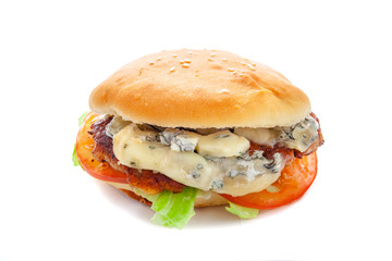 juicy appetizing burger with blue cheese, isolate, close-up