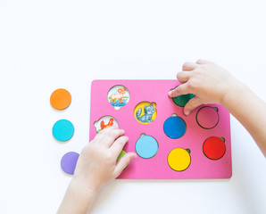 Boy students Child's hands learning biology with montessori material