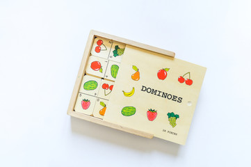 Montessori material for the study of mathematics. Natural material. Dominoes with fruit