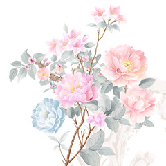 Watercolor illustration of a bouquet with a purple and delicate pink rose, leaves and bud, greeting card 