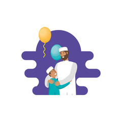 islamic man with son and balloons helium