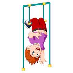 the boy is hanging on the monkey bar with is legs on the top