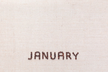 The word January written with coffee beans shot from above, aligned at the bottom.