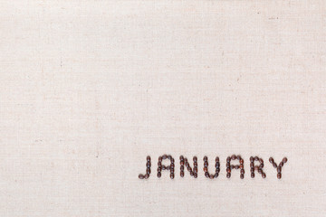 The word January written with coffee beans shot from above, aligned at the bottom right.