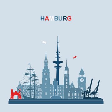 Hamburg Deutschland Skyline Stadt Illustration Vektor Design Symbol Reise Kontur Hintergrund Architektur Geb&auml;ude Wahrzeichen Modern Wei&szlig; Isoliert Stadtbild Tourismus Gesch&auml;ft Europa Panorama