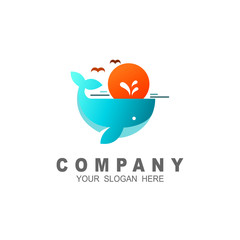 Design of cartoon blue whale logo illustration vector, whale and sun