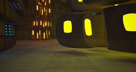Abstract  Concrete Futuristic Sci-Fi interior With Blue And Yellow Glowing Neon Tubes . 3D illustration and rendering.