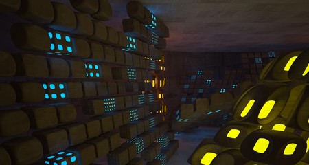 Abstract  Concrete Futuristic Sci-Fi interior With Blue And Yellow Glowing Neon Tubes . 3D illustration and rendering.