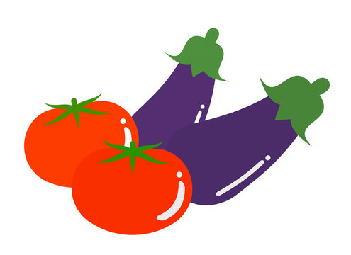 red tomatoes and purple eggplants on white clip art preview