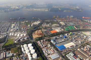 Pasir Gudang, Johor Malaysia industrial area drone photo view.