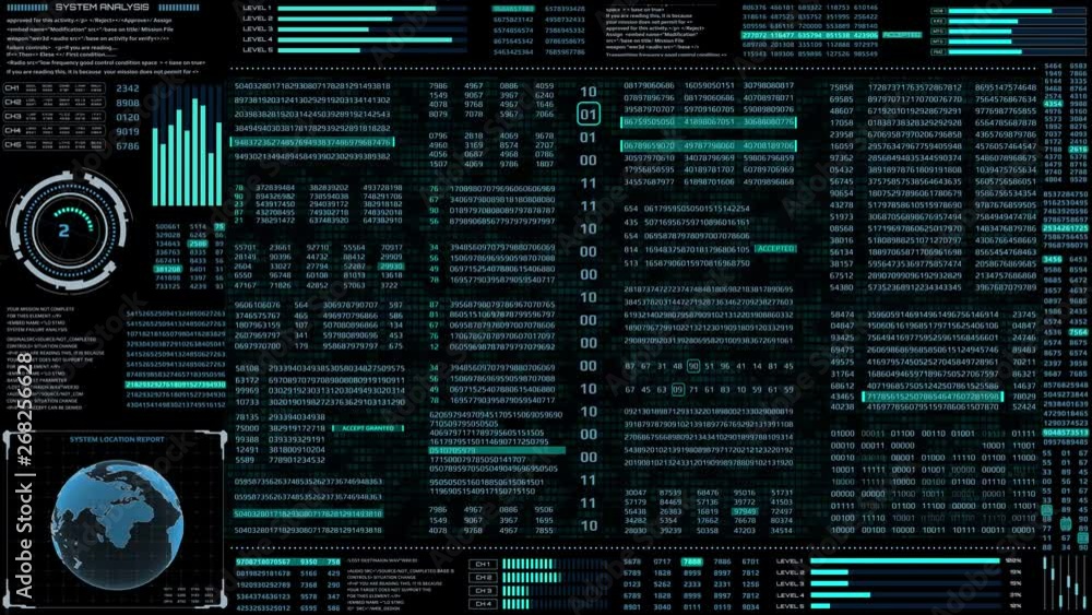 Poster HUD Futuristic Digital Encoder Decoder Data Number Selection Code Animation For Screensaver Background. Virtual Reality Motion Abstract Random Count Binary Decimal Statistics Monitor Display.