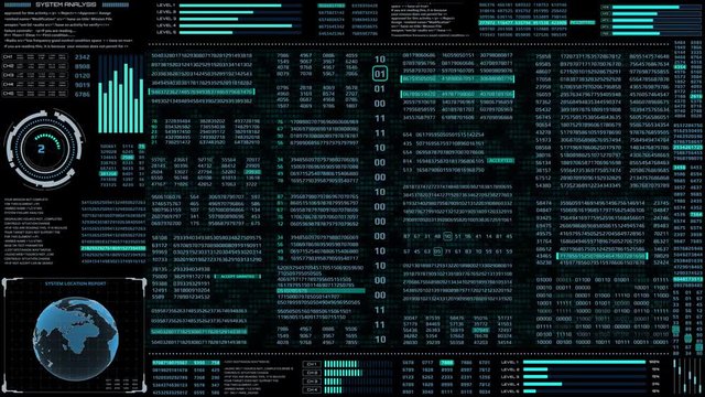 HUD Futuristic Digital Encoder Decoder Data Number Selection Code Animation For Screensaver Background. Virtual Reality Motion Abstract Random Count Binary Decimal Statistics Monitor Display.