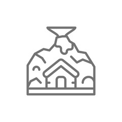 Volcano eruption, natural disaster, catastrophe line icon.