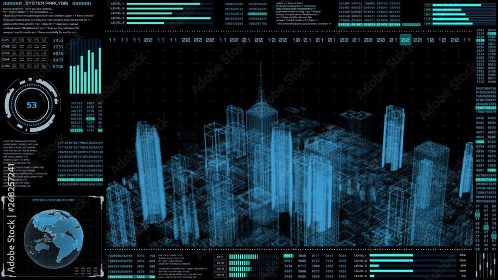 Aufkleber HUD Futuristic Virtual 3D Hologram City Target Scanning Mission Communication Report Panel. Wireframe Reality Tower Building Digital Data Screen UI Sci Fi Technology Element.