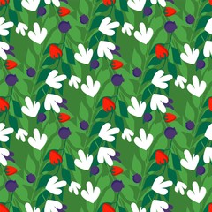 Grass leaves and wild berries seamless pattern